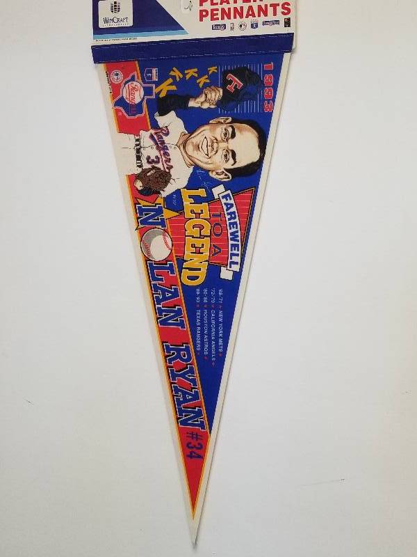 lot 1162 image: 1993 Nolan Ryan Farewell Texas Rangers Full Size Felt Pennant