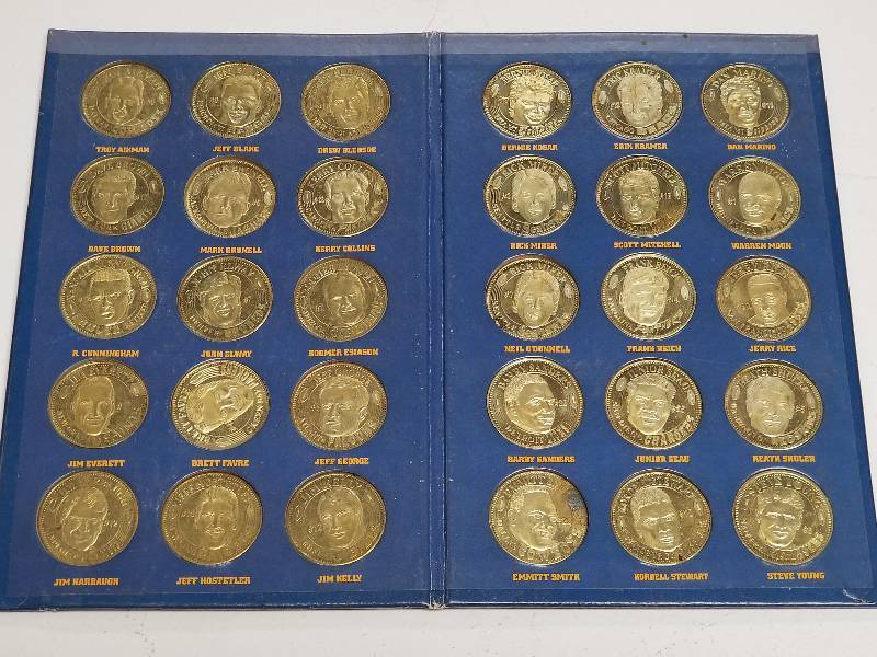 lot 1217 image: 1997 Pinnacle Quarterback Club Complete 30 Coin Set w Book Marino Elway Aikman