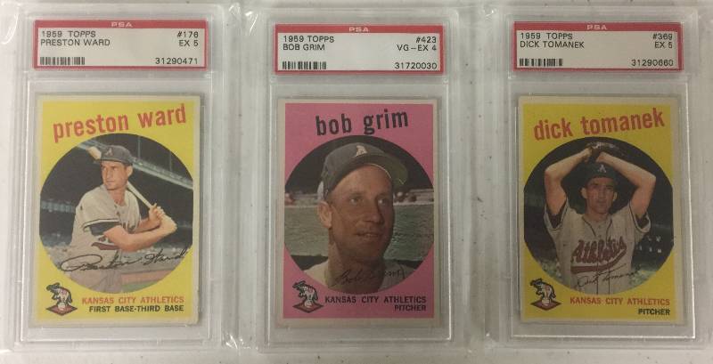 lot 1091 image: Three 1959 Topps Professionally Graded Kansas City Athletics Baseball Cards All Graded PSA 4 or 5
