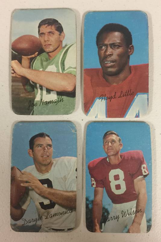 lot 1038 image: Lot of Four Original 1970 Topps Super Football Cards Including Joe Namath, Daryle Lamonica, Floyd Little, and Larry Wilson All Hall of Famers