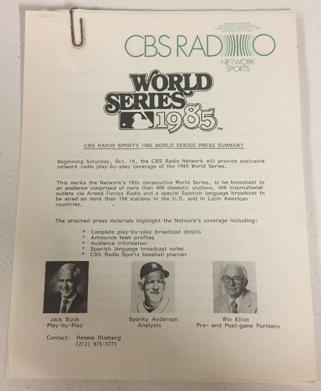 lot 1041 image: 1985 World Series Press Summary For CBS Sports Radio - Original Documents From Kansas City Royals World Series
