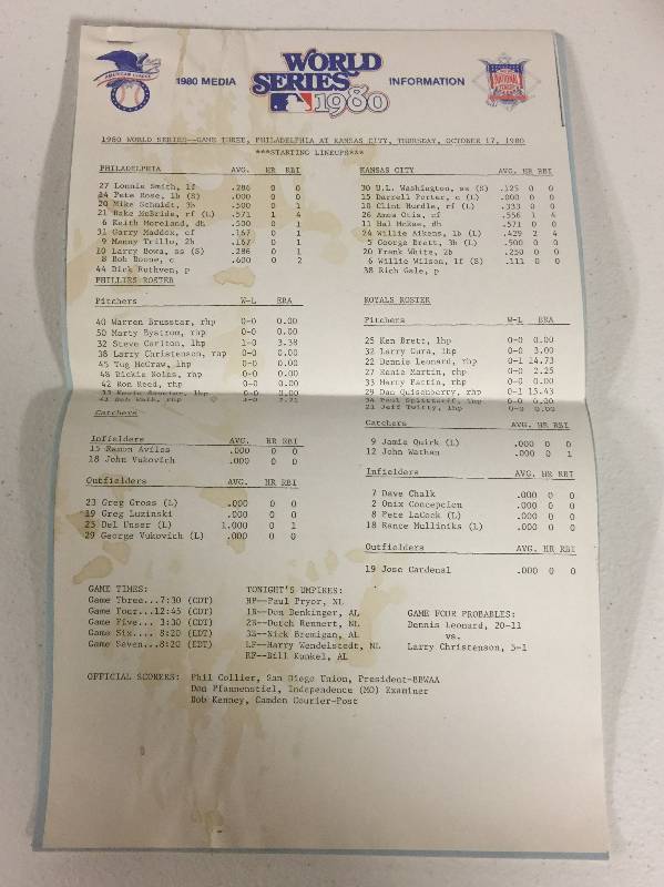 lot 1043 image: 1980 World Series Game 3 Media Information Paperwork - Handed Out to Press Corp at Royals Stadium - Extremely Rare