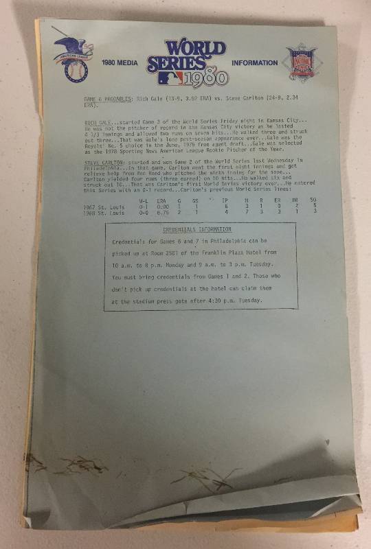 lot 1044 image: 1980 World Series Game 6 Media Information Pages - Handed Out to Press Corp at Royals Stadium