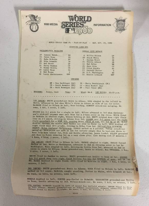 lot 1046 image: 1980 World Series Game 4 & 5 Media Information Pages - Handed Out to Press Corp at Royals Stadium