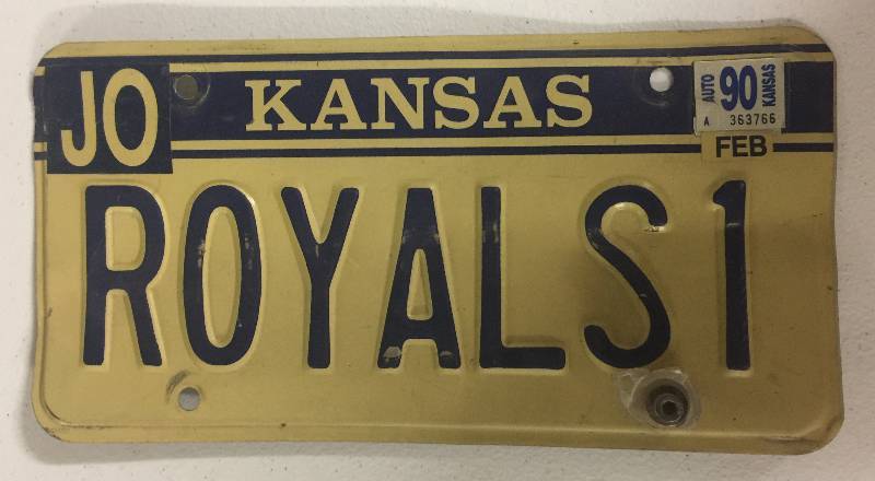 lot 1059 image: Real Kansas State License Plate Reading Royals 1 from 1990 and Johnson County