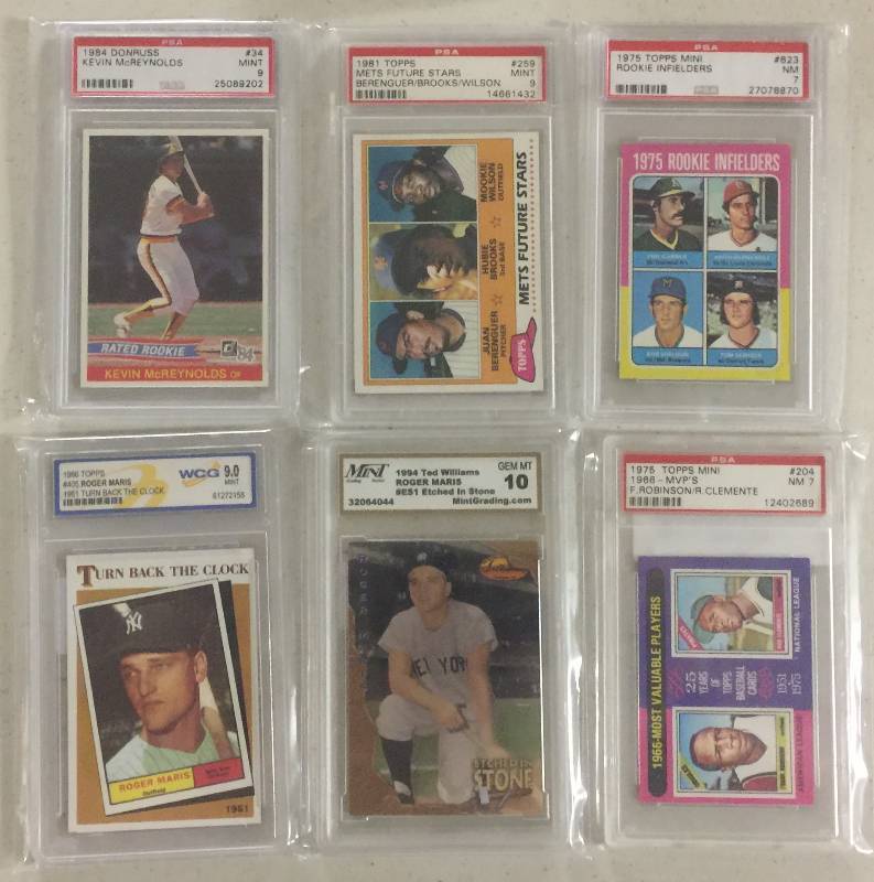 lot 1075 image: Six Professionally Graded Baseball Cards including Rookies, Roger Maris, Roberto Clemente from 1970s and 80s