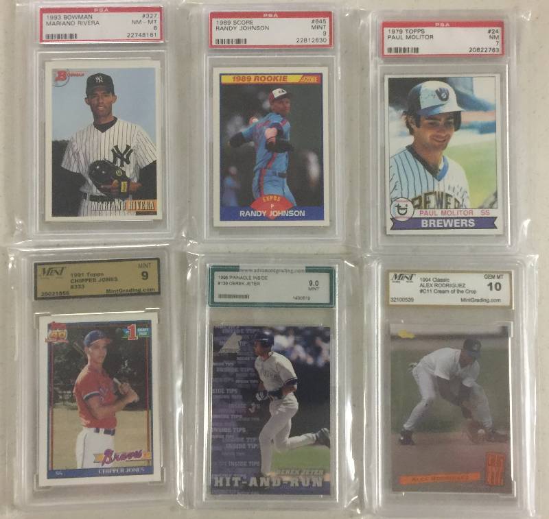 lot 1076 image: Six Professionally Graded Baseball Cards Rookies of Alex Rodriguez, Chipper Jones, Randy Johnson, cards of Mariano Rivera, Paul Molitor, and Derek Jeter