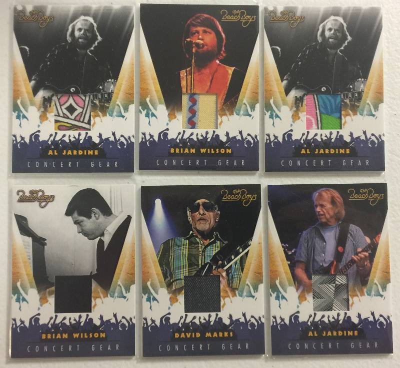 lot 1077 image: Six 2013 Panini Beach Boys Celebrity Worn Pieces Of Wardrobe Cards Actually Worn By Beach Boys - Six Cards