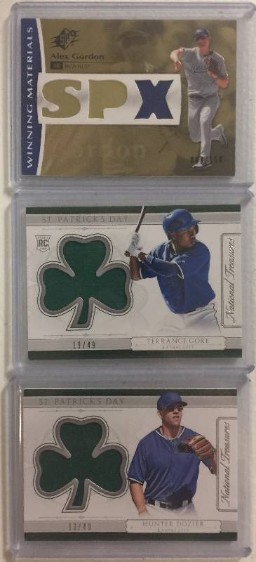 lot 1079 image: Three Kansas City Royals Game Worn Jersey Piece Baseball Cards Alex Gordon, Hunter Dozier, & Aldelberto Mondesi