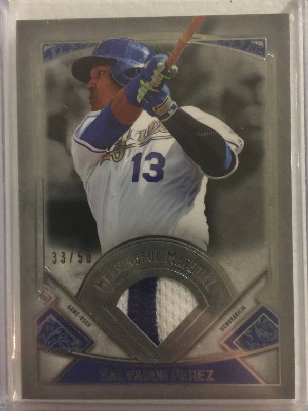 lot 1082 image: Topps Museum Salvador Perez Kansas City Royals Game Used Jersey Patch Relic Baseball Card #3350