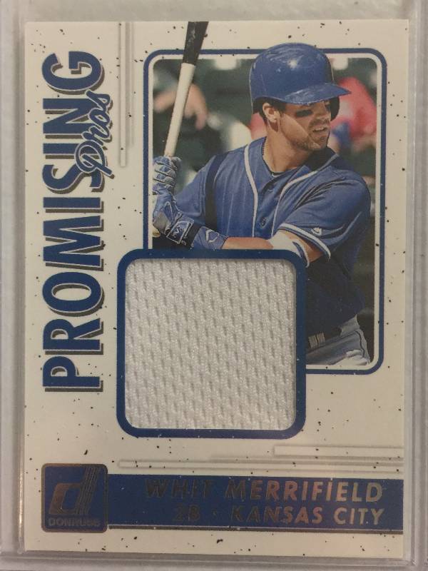 lot 1083 image: Whit Merrifield Game Worn Kansas City Royals Jersey Piece Baseball Card From Donruss