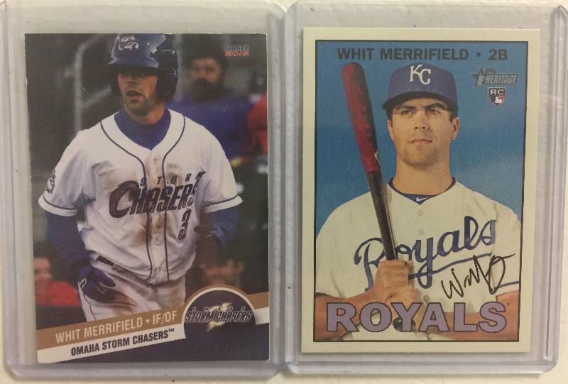 lot 1084 image: Two Whit Merrifield Kansas City Royals Rookie Cards - 2016 Topps Heritage High Number Rookie & Minor League Issued Rookie Card