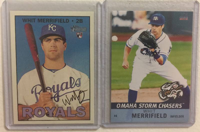 lot 1085 image: Two Whit Merrifield Kansas City Royals Rookie Cards - 2016 Topps Heritage High Number Rookie & Minor League Issued Rookie Card