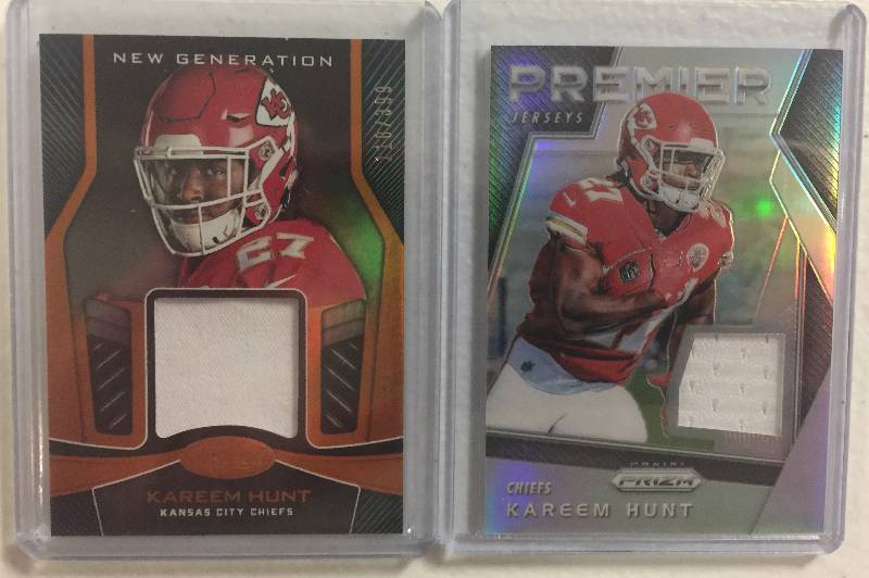 lot 1259 image: Two Kareem Hunt Player Worn Rookie Kansas City Chiefs Game Used Swatches Football Cards