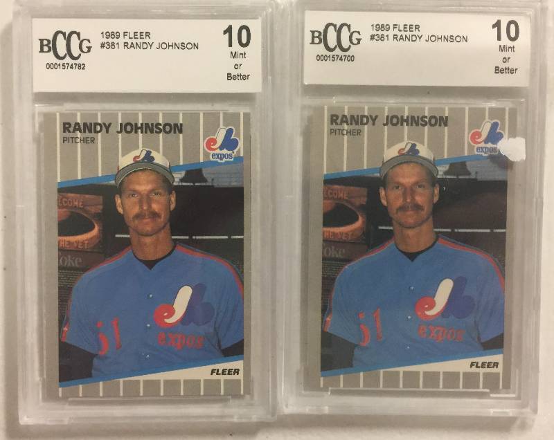 lot 1263 image: Two 1989 Fleer Randy Johnson Rookie Cards Both Graded BCCG Beckett 10 Mint or Better