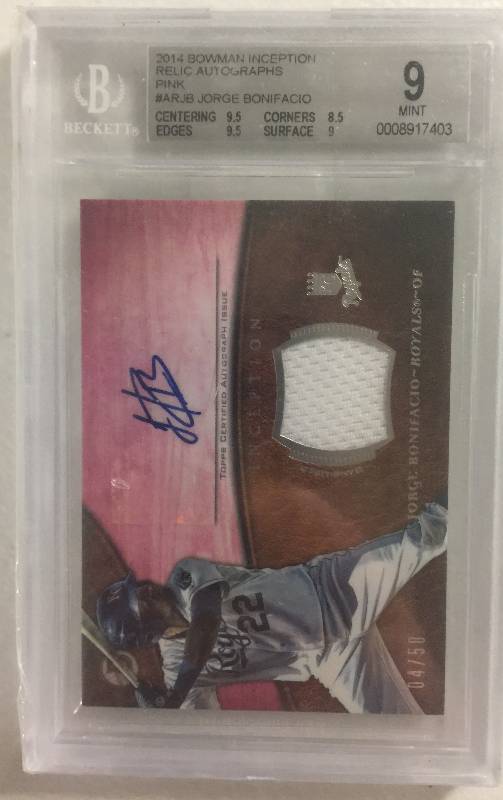 lot 1266 image: 2014 Bowman Inception Jorge Bonifacio Autographed Game Used Royals Jersey Piece Graded Mint BGS 9 Pink #450