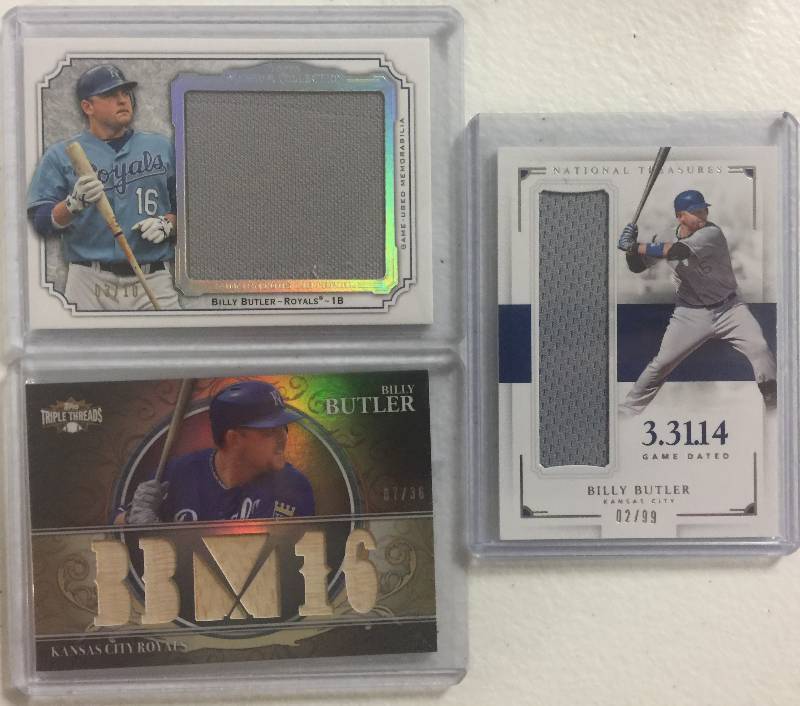 lot 1272 image: Three Billy Butler Kansas City Royals Game Used Jersey & Bat Relics Baseball Cards All One Money