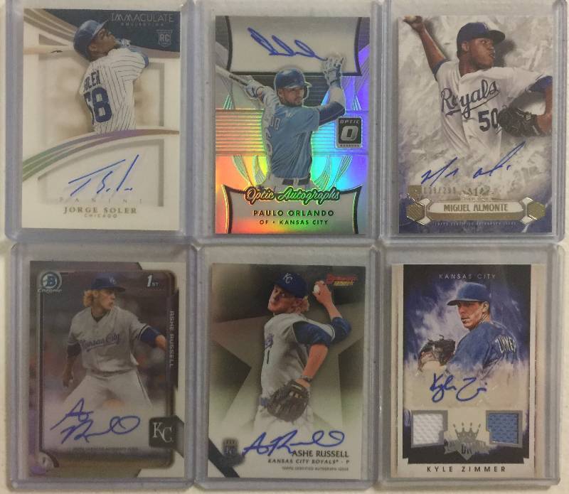 lot 1275 image: Six Kansas City Royals Autographs & Game Used Jersey Pieces - Rookies & Numbered Cards - Kyle Zimmer, Ashe Russell, Almonte, Soler Less than $2.00 a Card