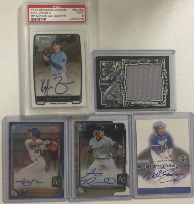 lot 1278 image: Five Kansas City Royals Autographs & Jersey Worn Relics Baseball Cards Including Mike Sweeney, Zimmer, Moon, Alcides Escobar, Russell