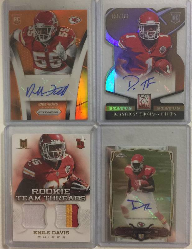 lot 1285 image: Four Kansas City Chiefs Rookie Autographed & Player Worn Relic Football Cards 100% Authentic  Less Than $3 a Card