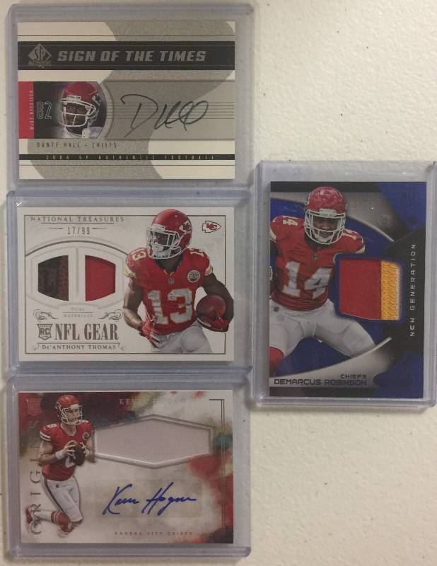 lot 1288 image: Four Kansas City Chiefs Rookie Autographed & Player Worn Relic Football Cards 100% Authentic  Less Than $3 a Card