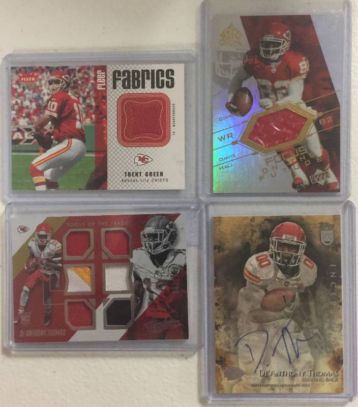 lot 1291 image: Four Kansas City Chief Autographed & Player Worn Relic Football Cards 100% Authentic  Less Than $3 a Card
