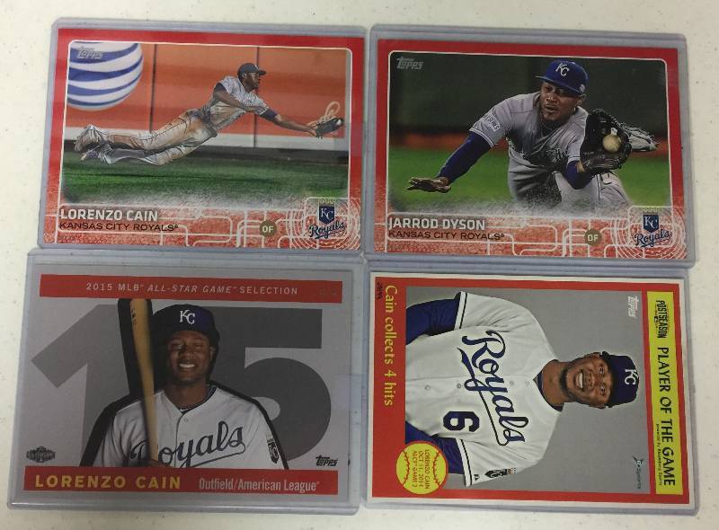 lot 1301 image: Four Kansas City Royals 5x7 Over Sized Baseball Cards Lorenzo Cain, Jarrod Dyson Topps Exclusive Cards