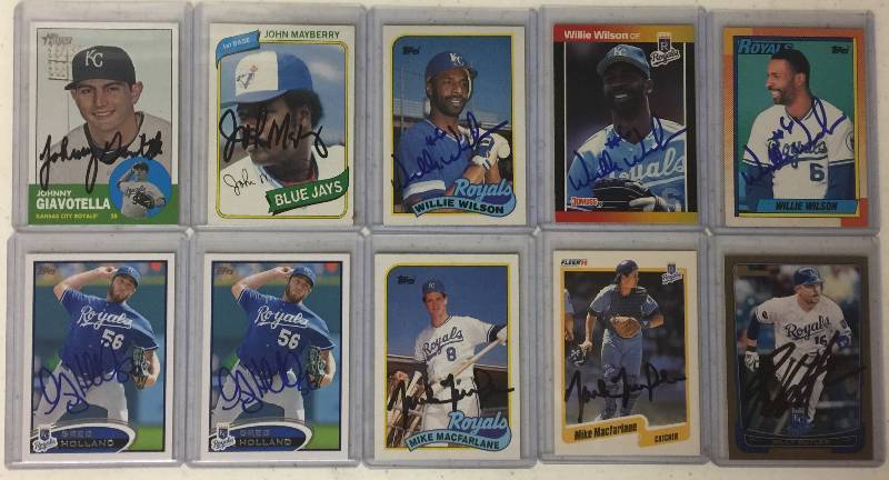 lot 1307 image: Ten Signed In Person Kansas City Royals Baseball Cards 100% Authentic - Willie Wilson x3, Greg Holland x2, Mike McFarlane, Billy Butler