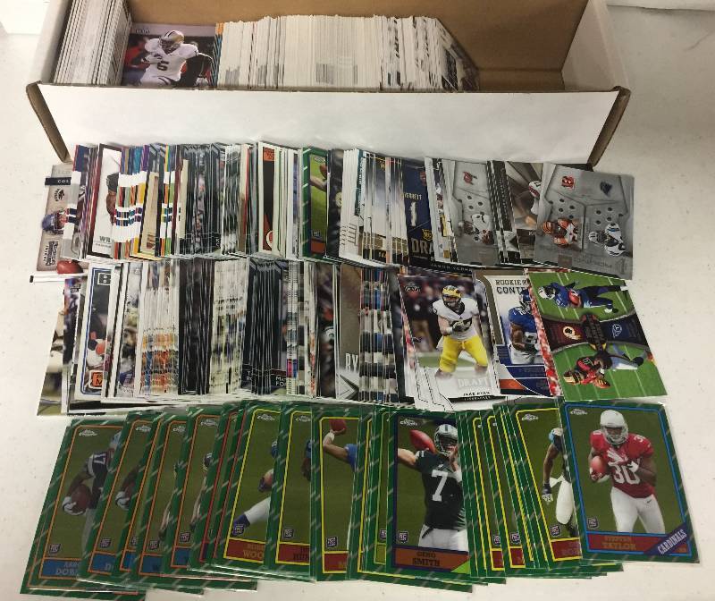 lot 1329 image: Packed Full 800 Count Box Full of Inserts, Rookies, Stars, and more Full of Football Cards - Only Newer Cards