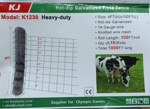 lot 216A image: Unused 1 Roll of Hot-Dipped Heavy Duty 14gauge Knotted Galvanized Wire Mesh Field Fence - K1230 - 4ft X 100ft Roll