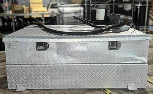 lot 43 image: Aluminum Diamond Plate Diesel Fuel Tank & Tool Box Combo w Electric Pump, Handle & Filter - 42x34in - 74 Gal Fuel Tank