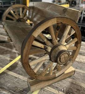 lot 346 image: PatioOutdoor Furniture - Wagon Wheel Rustic Bench 63in X 27in
