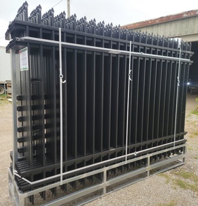 lot 206 image: Unused Black Galvanized  Powder Coated Steel Site Fence - K0710-24 - 10ft X 7ft - 4 Rail Style Heavy Duty 24 Fence Panels  25 Post with Connectors One Panel Damaged During Shipping SEE PHOTOS FOR DETAILS