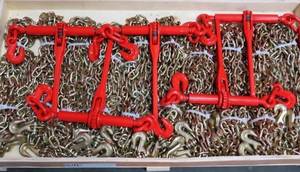 lot 162 image: UNUSED - Five Ratchet Binders & Ten 20Ft Chains - Qty of (5) 9,200LBS Ratchet Binders and Qty of (10) 38in - 12in 20FT Length Chains