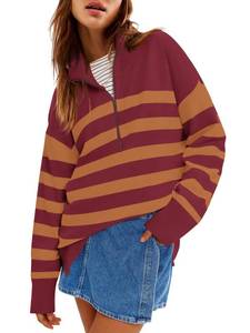 lot 2188 image: Yousify Sweaters for Women 2024 Fashion Fall Long Sleeve Half Zip Turtleneck Striped Jumper Tops Brown
