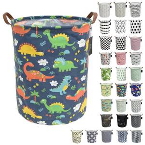 lot 2189 image: laundry baskets,bedroom hamper,kitchen organization,Waterproof Round Cotton Linen Collapsible storage basket. (Blue Dinosaurs)