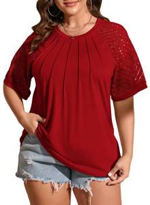 lot 2202 image: LALAGEN Womens Plus Size T Shirts Trendy Lace Short Sleeve Crewneck Blouse Shirts Summer Casual Knitted Blouse Tops Wine Red 1XL