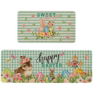 lot 2212 image: Happy Easter Kitchen Mats Set of 2 Non Slip Sweet Spring Bunny Kitchen Rugs Seasonal Easter Rabbit Decor Low-Profile Washable Floor Mat 17x47 Inch and 17x29 Inch