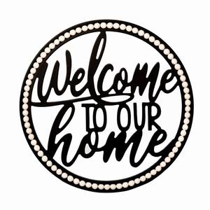 lot 2243 image: Kifreffy Welcome Sign��Door Decor��Housewarming Gift��Wooden Wreath Signboard with Beaded Detail��Hollowed-Out Round Design��Perfect for Porch, Wall, Everyday Home Decor, 13.375x13.375 (Black)