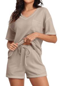 lot 2259 image: PrinStory Womens Waffle Knit Pajamas Set Short Sleeve Top and Shorts Matching Lounge Sets Sweatsuit With Pockets Khaki US Medium