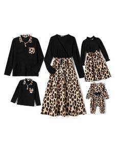 lot 2264 image: Family Matching Outfits Girl Dresses Long Sleeves for Fall Winter Vacation Travel Photos Family Reunion Home Weddings Party School Picture - Girl 4-5 Years Black Leopard
