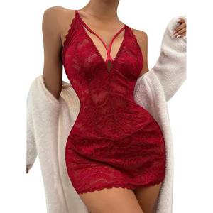 lot 2305 image: ALOECDYV sexy lingerie for women Lace Chemise babydoll Strap Dress Halter Deep V Neck sleepwear (S, Wine Red)