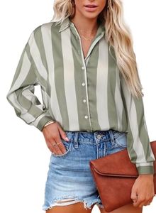 lot 2308 image: Astylish Blouses for Women Trendy V-Neck Casual Elegant Shirt Color Block Button Down Long Sleeve Tops Cute Tunics Striped Green Medium