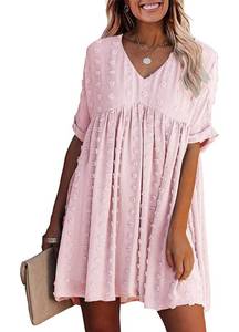 lot 2316 image: KIRUNDO Womens Summer Dresses 2024 Casual V Neck Short Sleeve Swiss Dot Ruffle Loose Flowy Mini Babydoll Dress Maternity Dress (Light Pink, Small)