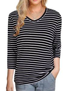 lot 2321 image: Remidoo Womens Black and White Striped Long Sleeve T Shirts V Neck Tee Top Blue Medium