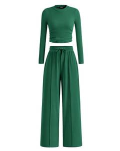 lot 2323 image: BTFBM Casual 2 Piece Sets For Women Fall Outfits 2025 Ribbed Long Sleeve Crop Top Wide Leg Pants Matching Lounge Set(Dark Green, Large)