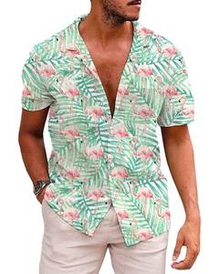 lot 2324 image: Wuiliy Novelty Hawaiian Button Down Shirts for Men Beach Vacation Short Sleeve Printed Shirt, 3X-Large, Texture Palm Flamingo