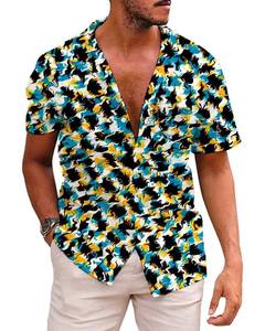 lot 2330 image: Wuiliy Novelty Hawaiian Button Down Shirts for Men Beach Vacation Short Sleeve Printed Shirt, X-Large, Blue Yellow Leopard