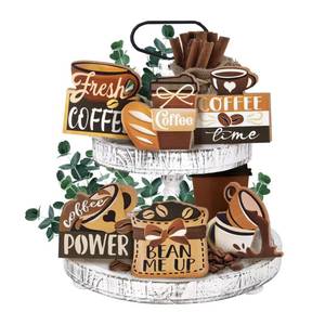 lot 2347 image: Guoofu Coffee Themed Tiered Tray Decor, Fresh Coffee Beans Farmhouse Wood Decorations Set, Cafe Bar Station Shop Rustic Wooden Decorative Signs for Home Table Shelf 6PCs
