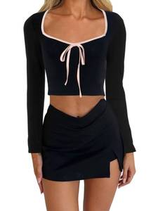 lot 2351 image: ccuiwe Womens Sexy Long Sleeve Bow Square Neck Baby Tees Contrast Trim Basic Crop Tops Black Medium